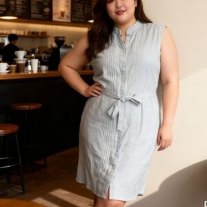 DKR Linen blend Sleeveless Button-Front Shirt Dress with Tie Waist - Light blue